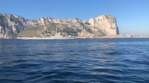 Spanish ship sails through Gibraltar waters playing Spanish anthem